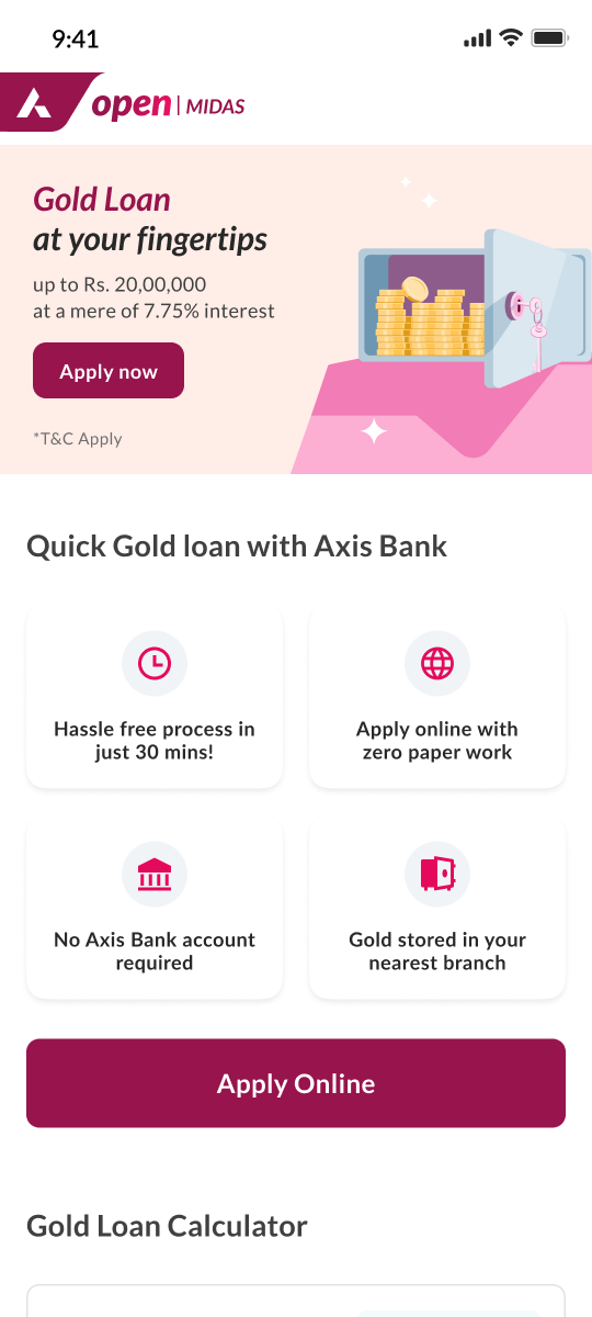 Midas landing screen introducing the digital gold loan journey